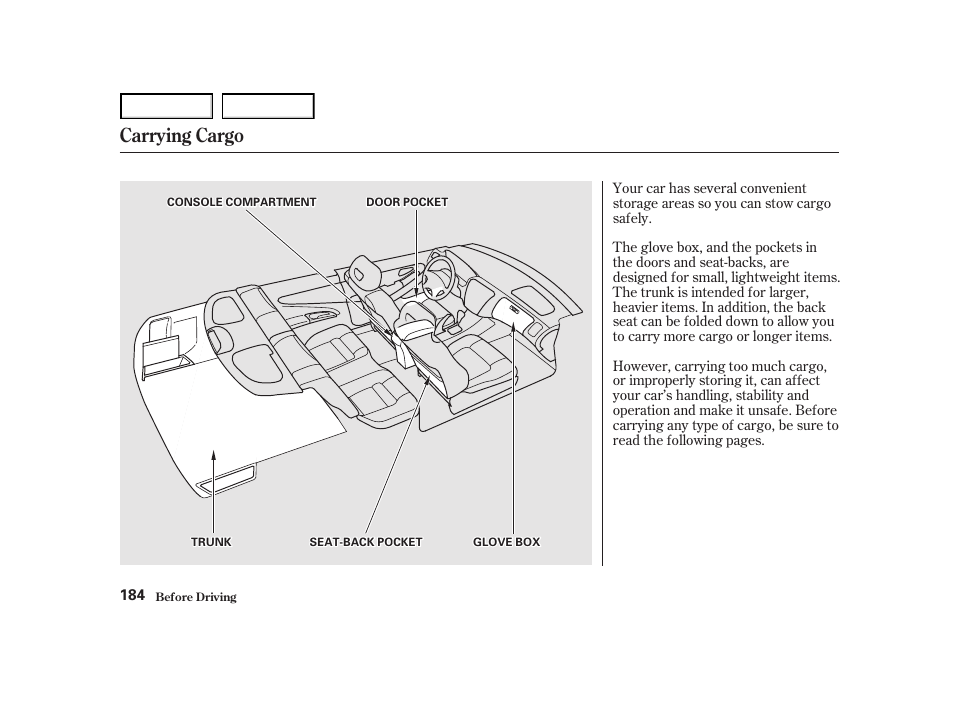 Carrying cargo | HONDA 2001 Accord Coupe - Owner's Manual User Manual | Page 187 / 359