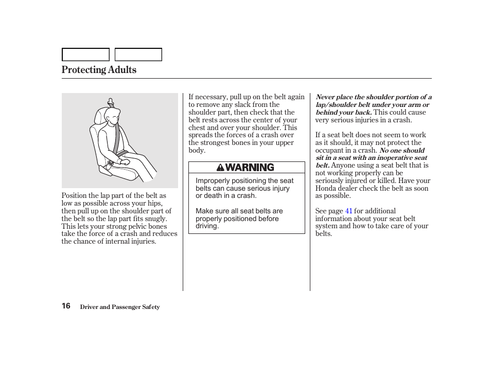 Protecting adults | HONDA 2001 Accord Coupe - Owner's Manual User Manual | Page 19 / 359