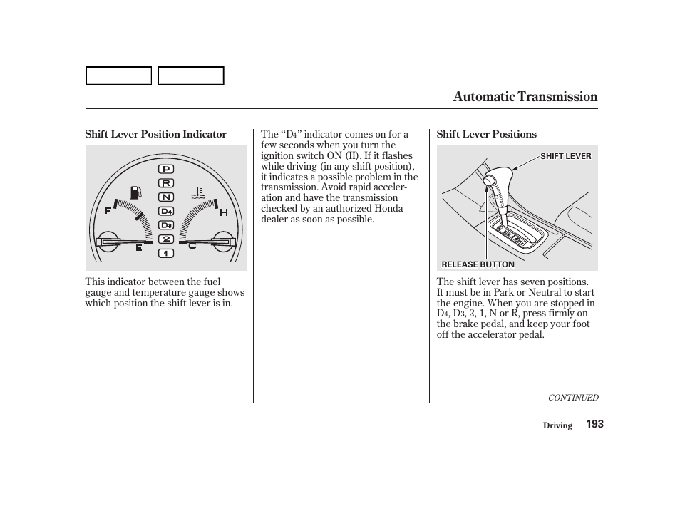 Automatic transmission | HONDA 2001 Accord Coupe - Owner's Manual User Manual | Page 196 / 359