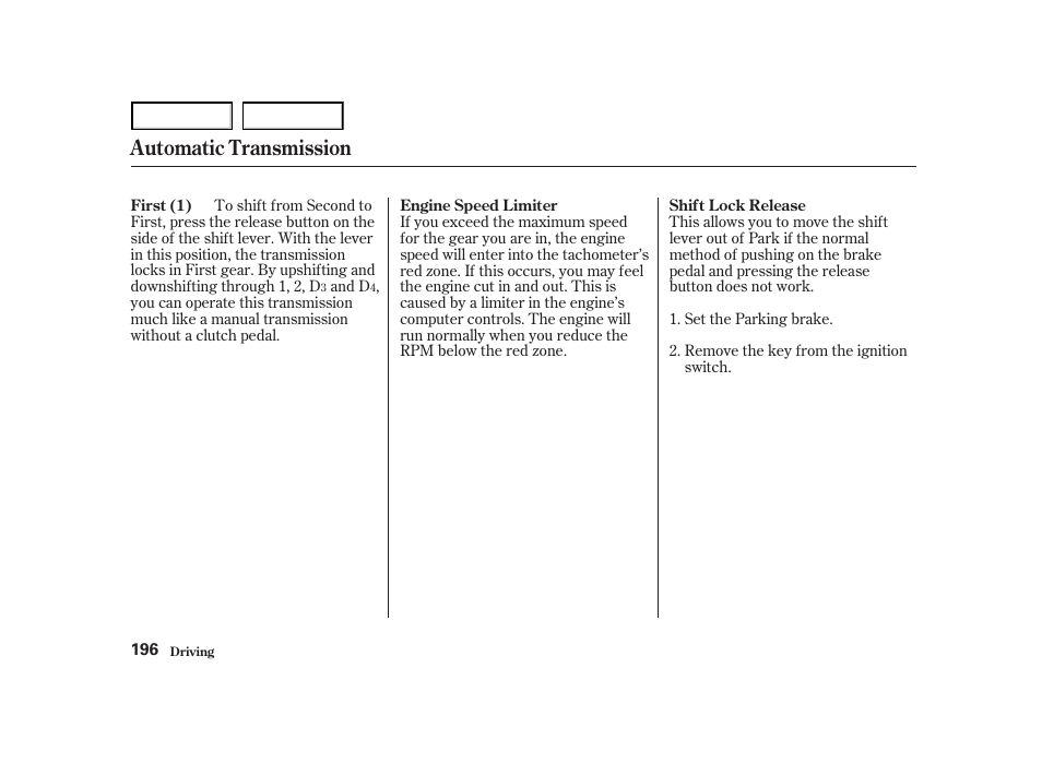 Automatic transmission | HONDA 2001 Accord Coupe - Owner's Manual User Manual | Page 199 / 359