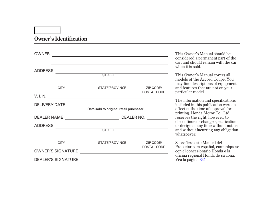 Owner’s identification | HONDA 2001 Accord Coupe - Owner's Manual User Manual | Page 2 / 359