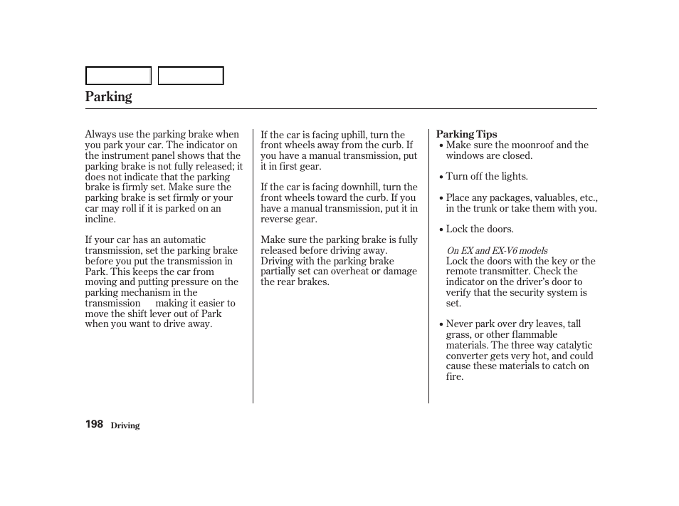 Parking | HONDA 2001 Accord Coupe - Owner's Manual User Manual | Page 201 / 359