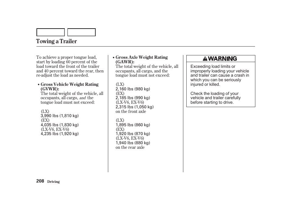 Towing a trailer | HONDA 2001 Accord Coupe - Owner's Manual User Manual | Page 211 / 359