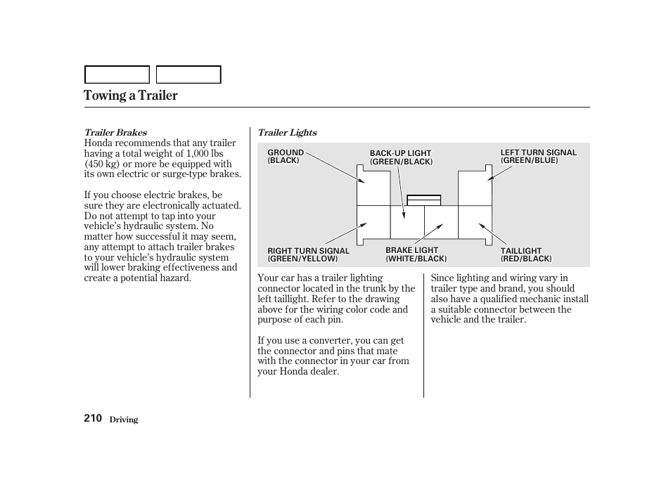 Towing a trailer | HONDA 2001 Accord Coupe - Owner's Manual User Manual | Page 213 / 359