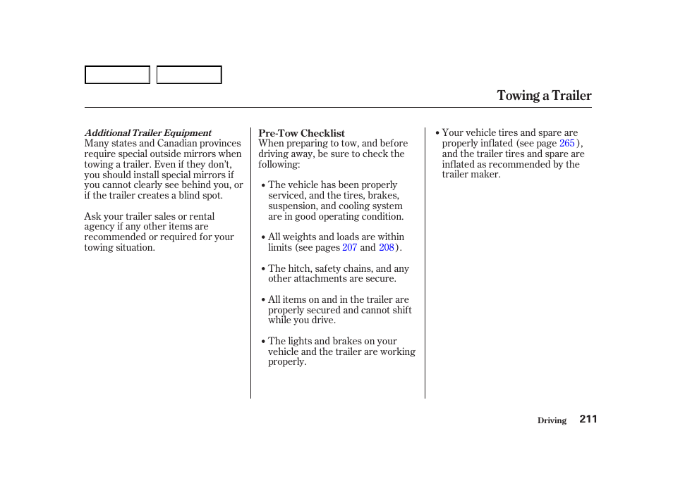 Towing a trailer | HONDA 2001 Accord Coupe - Owner's Manual User Manual | Page 214 / 359