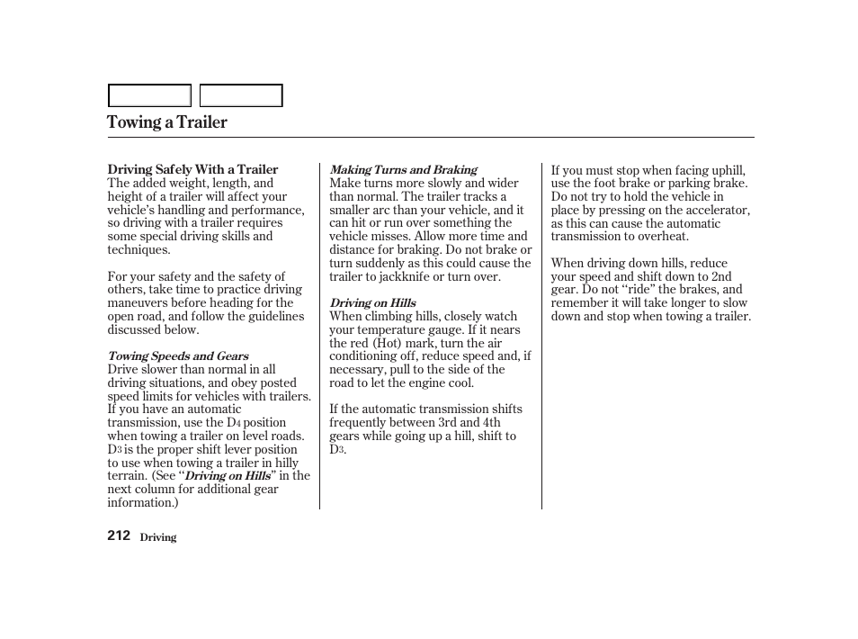 Towing a trailer | HONDA 2001 Accord Coupe - Owner's Manual User Manual | Page 215 / 359