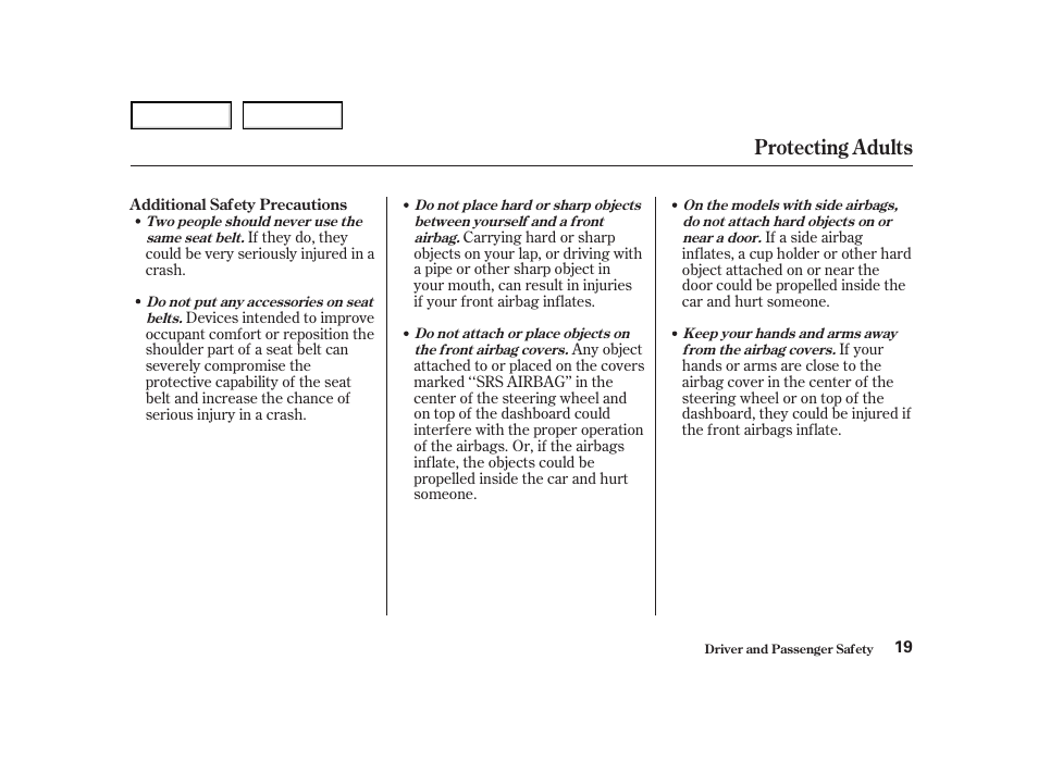 Protecting adults | HONDA 2001 Accord Coupe - Owner's Manual User Manual | Page 22 / 359