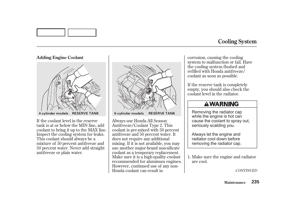 Cooling system | HONDA 2001 Accord Coupe - Owner's Manual User Manual | Page 238 / 359