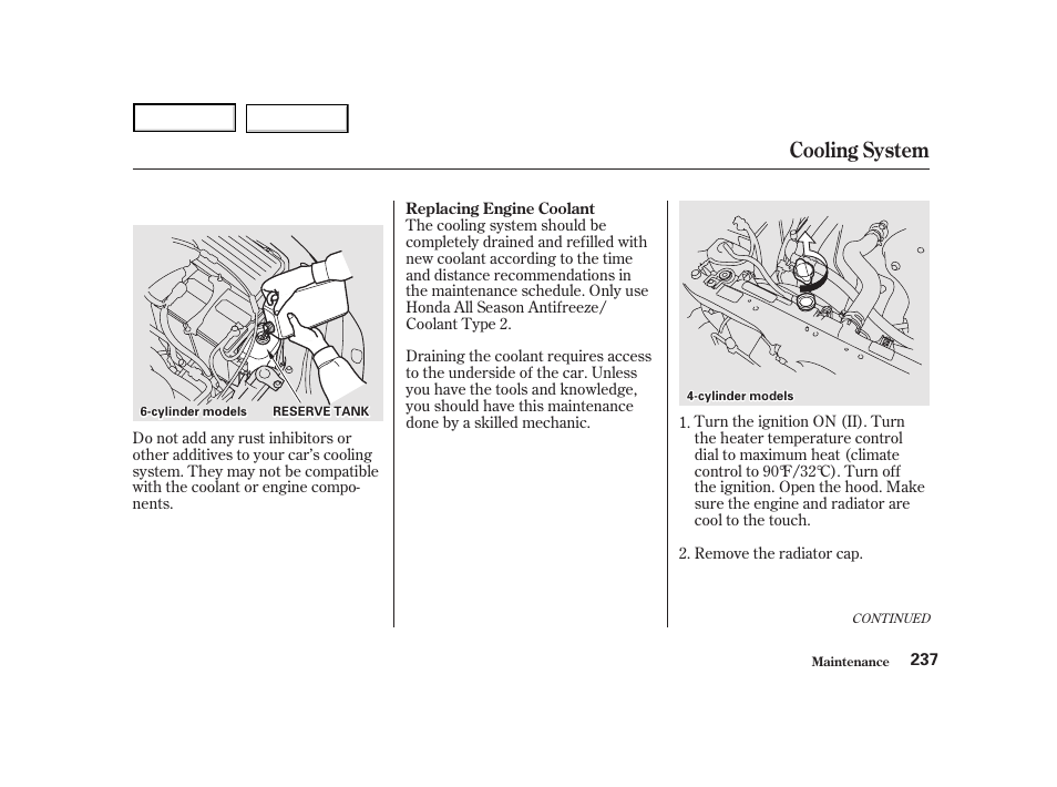 Cooling system | HONDA 2001 Accord Coupe - Owner's Manual User Manual | Page 240 / 359