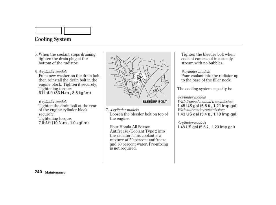 Cooling system | HONDA 2001 Accord Coupe - Owner's Manual User Manual | Page 243 / 359