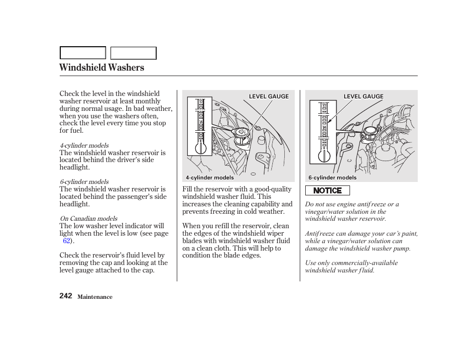 Windshield washers | HONDA 2001 Accord Coupe - Owner's Manual User Manual | Page 245 / 359