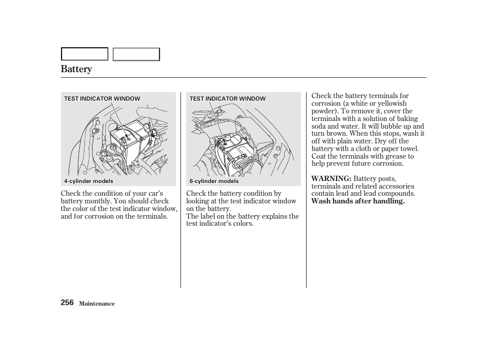 Battery | HONDA 2001 Accord Coupe - Owner's Manual User Manual | Page 259 / 359