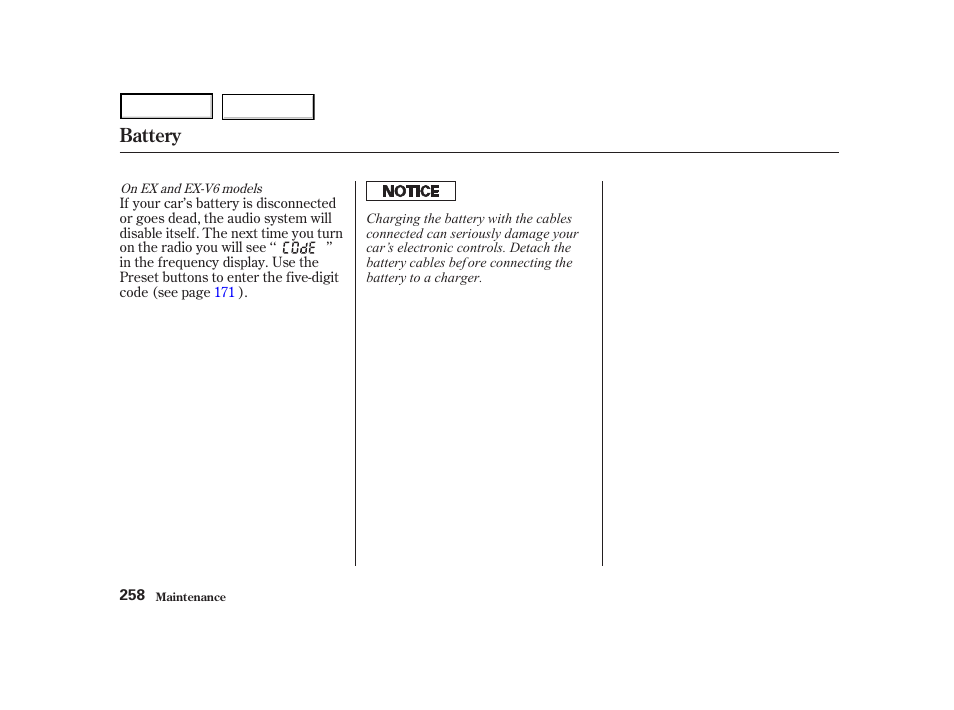 Battery | HONDA 2001 Accord Coupe - Owner's Manual User Manual | Page 261 / 359