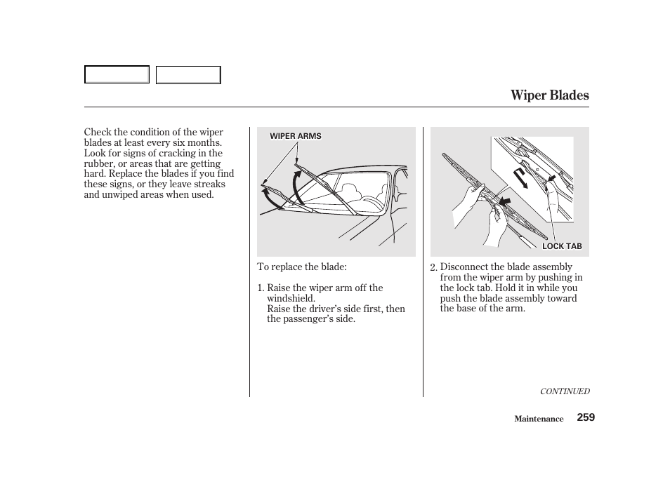 Wiper blades | HONDA 2001 Accord Coupe - Owner's Manual User Manual | Page 262 / 359