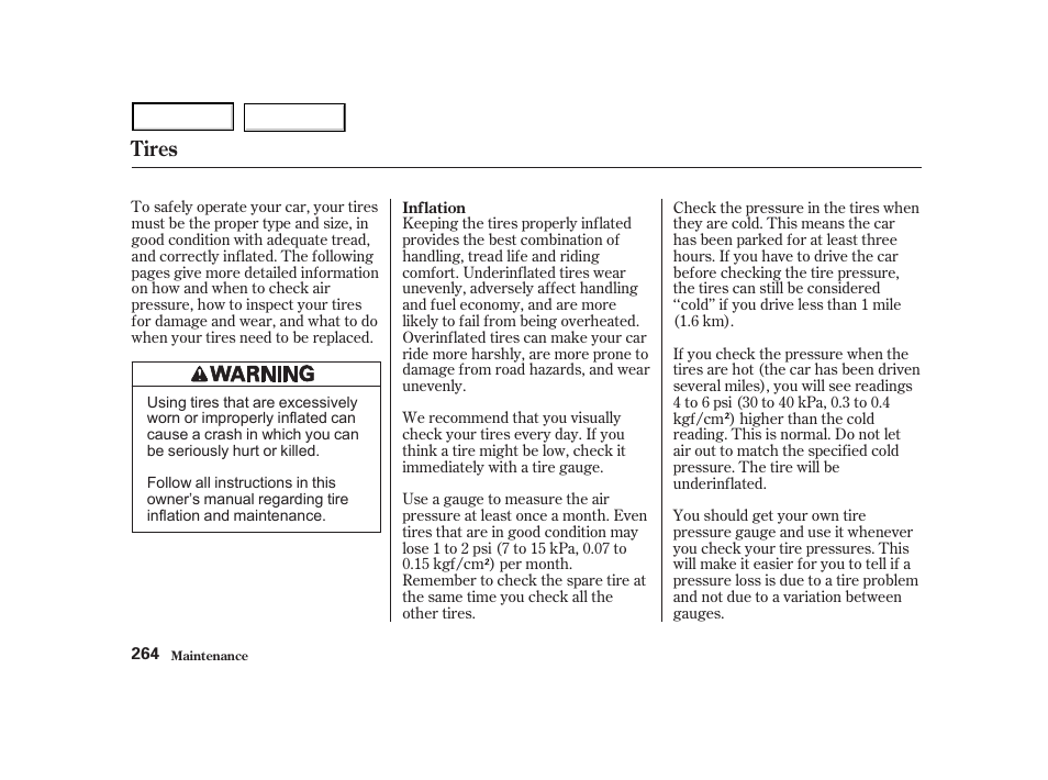 Tires | HONDA 2001 Accord Coupe - Owner's Manual User Manual | Page 267 / 359