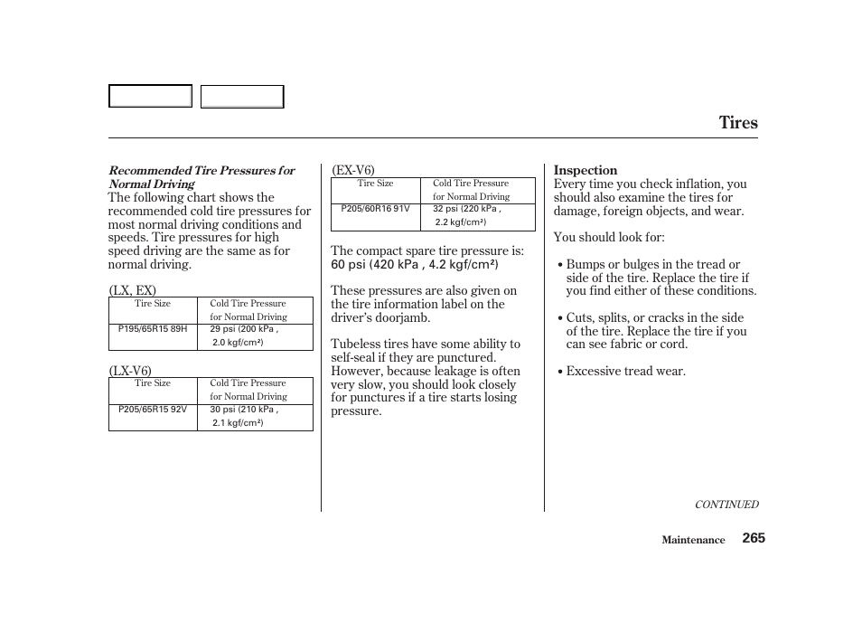 Tires | HONDA 2001 Accord Coupe - Owner's Manual User Manual | Page 268 / 359