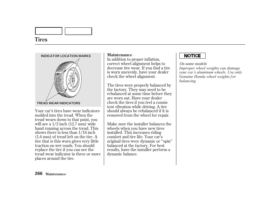 Tires | HONDA 2001 Accord Coupe - Owner's Manual User Manual | Page 269 / 359