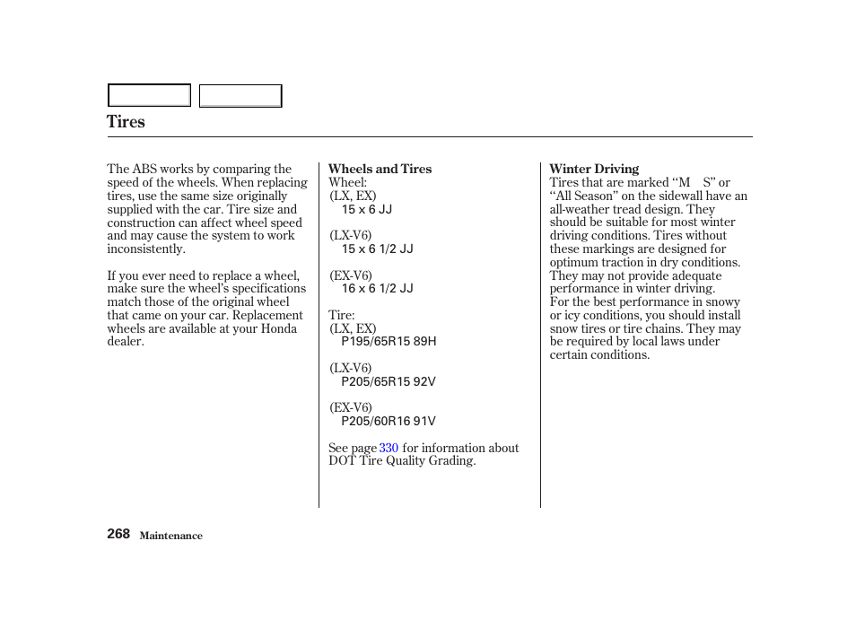 Tires | HONDA 2001 Accord Coupe - Owner's Manual User Manual | Page 271 / 359