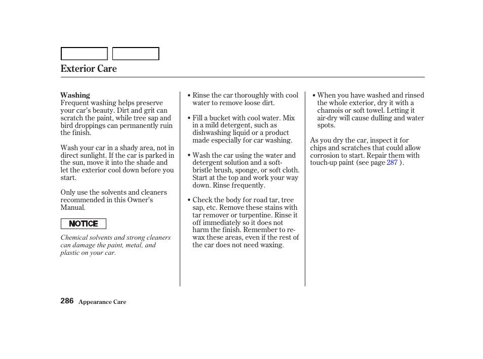 Exterior care | HONDA 2001 Accord Coupe - Owner's Manual User Manual | Page 289 / 359