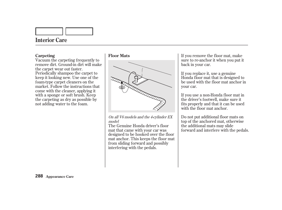 Interior care | HONDA 2001 Accord Coupe - Owner's Manual User Manual | Page 291 / 359