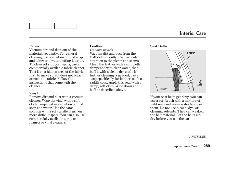 Interior care | HONDA 2001 Accord Coupe - Owner's Manual User Manual | Page 292 / 359