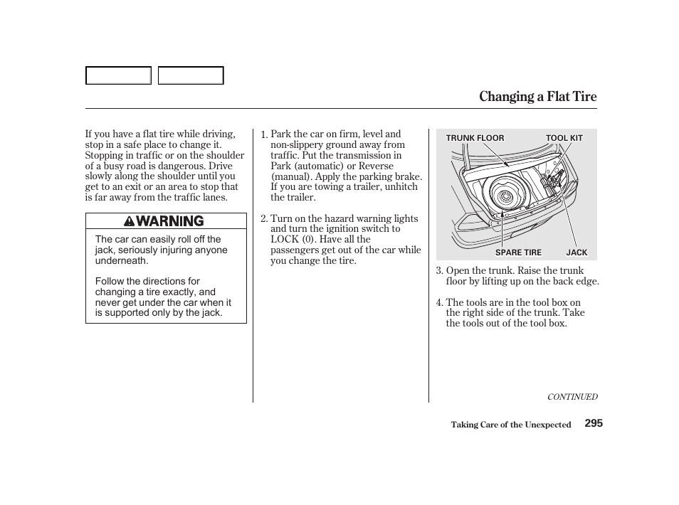 Changing a flat tire | HONDA 2001 Accord Coupe - Owner's Manual User Manual | Page 298 / 359