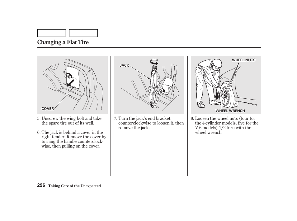 Changing a flat tire | HONDA 2001 Accord Coupe - Owner's Manual User Manual | Page 299 / 359