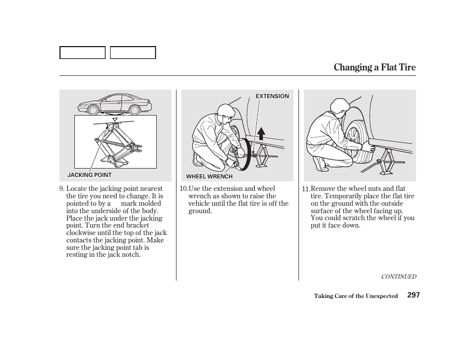 Changing a flat tire | HONDA 2001 Accord Coupe - Owner's Manual User Manual | Page 300 / 359