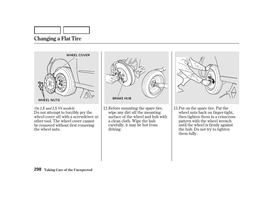 Changing a flat tire | HONDA 2001 Accord Coupe - Owner's Manual User Manual | Page 301 / 359