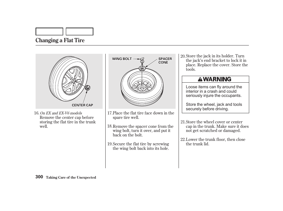 Changing a flat tire | HONDA 2001 Accord Coupe - Owner's Manual User Manual | Page 303 / 359