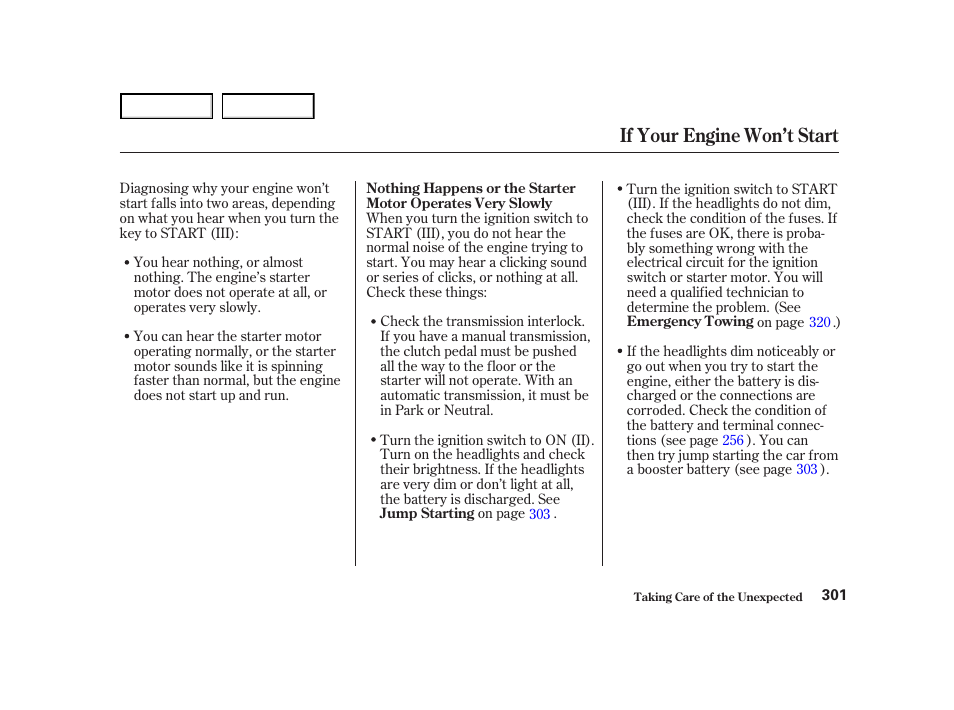 If your engine won’t start | HONDA 2001 Accord Coupe - Owner's Manual User Manual | Page 304 / 359