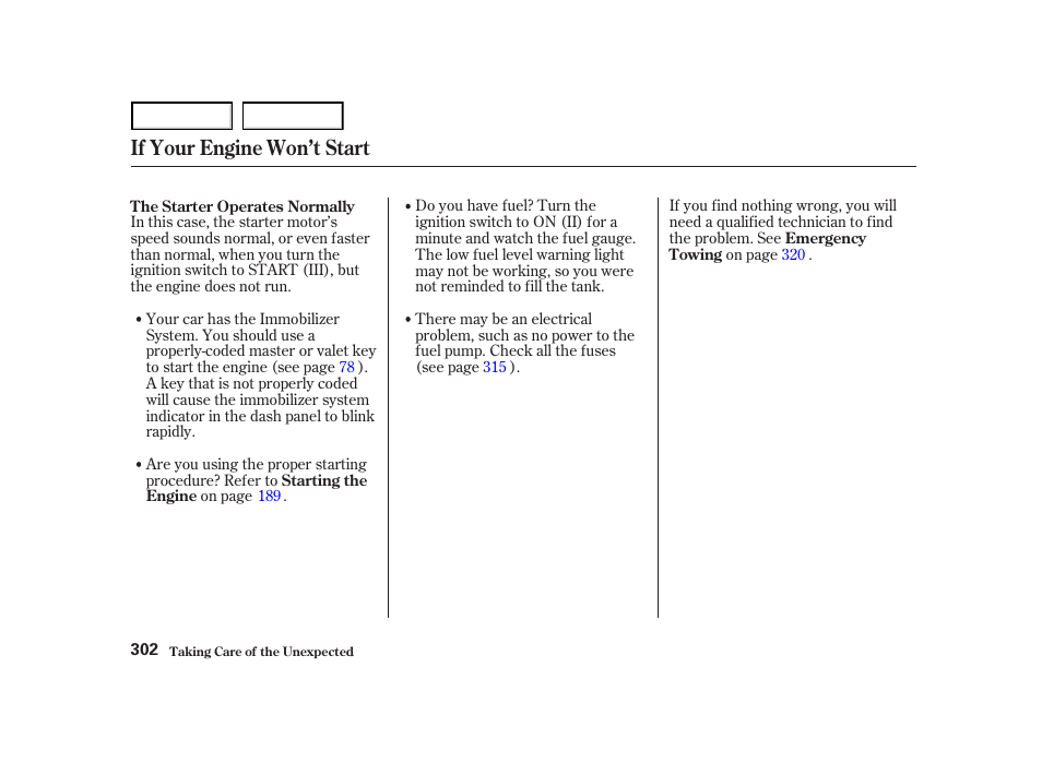 If your engine won’t start | HONDA 2001 Accord Coupe - Owner's Manual User Manual | Page 305 / 359