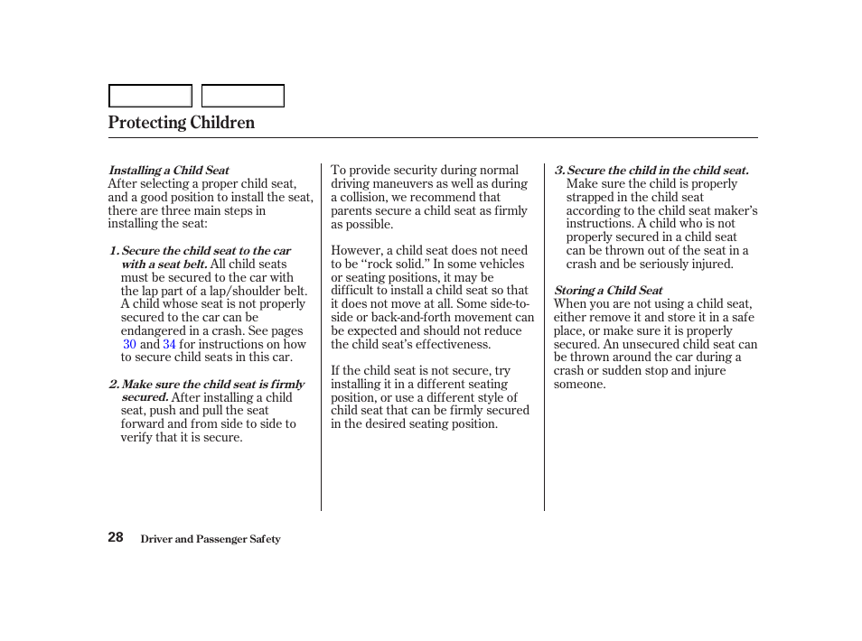 Protecting children | HONDA 2001 Accord Coupe - Owner's Manual User Manual | Page 31 / 359