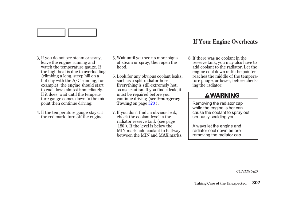 If your engine overheats | HONDA 2001 Accord Coupe - Owner's Manual User Manual | Page 310 / 359