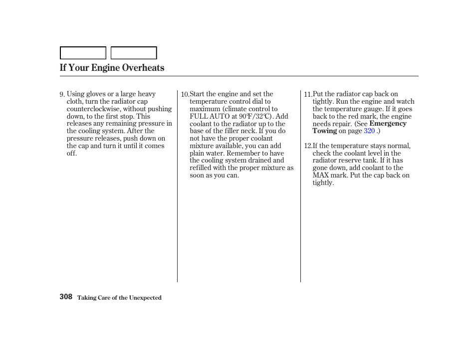 If your engine overheats | HONDA 2001 Accord Coupe - Owner's Manual User Manual | Page 311 / 359