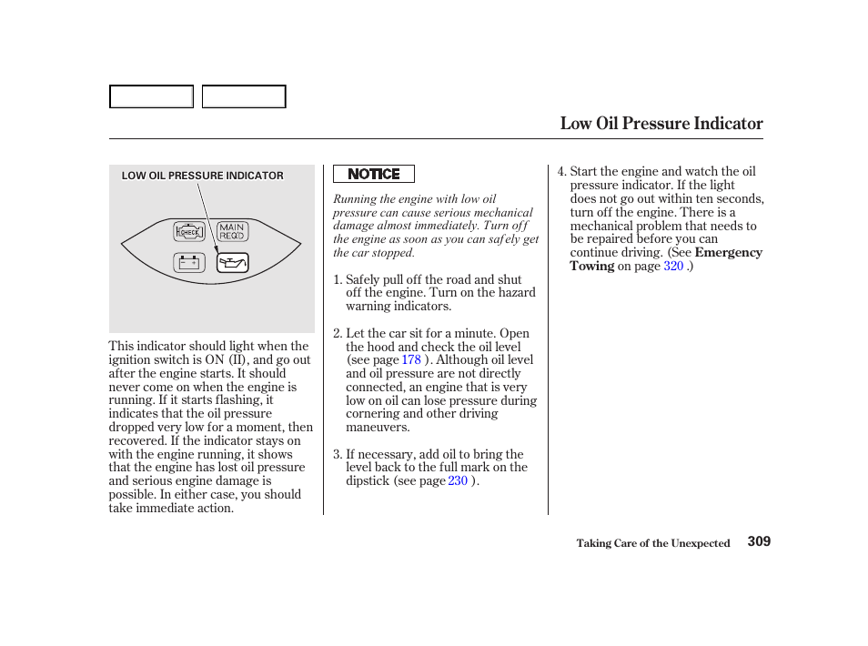 Low oil pressure indicator | HONDA 2001 Accord Coupe - Owner's Manual User Manual | Page 312 / 359