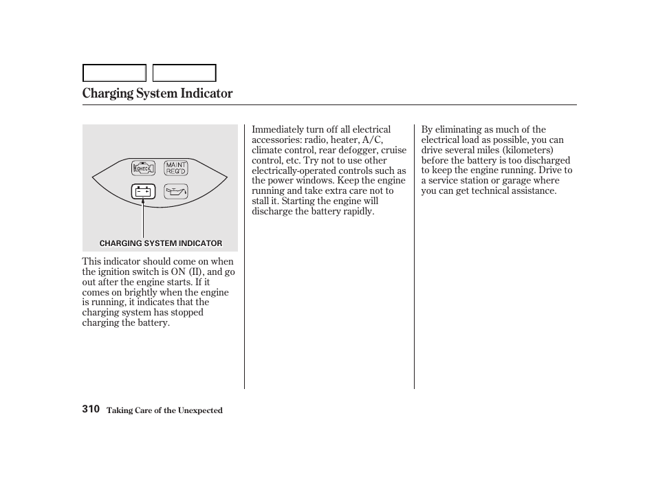 Charging system indicator | HONDA 2001 Accord Coupe - Owner's Manual User Manual | Page 313 / 359