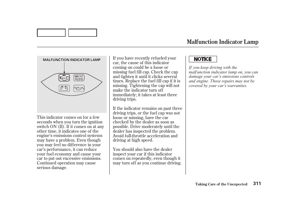 Malfunction indicator lamp | HONDA 2001 Accord Coupe - Owner's Manual User Manual | Page 314 / 359