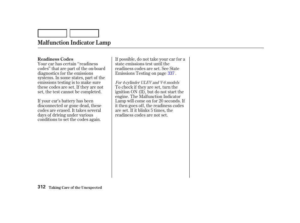 Malfunction indicator lamp | HONDA 2001 Accord Coupe - Owner's Manual User Manual | Page 315 / 359