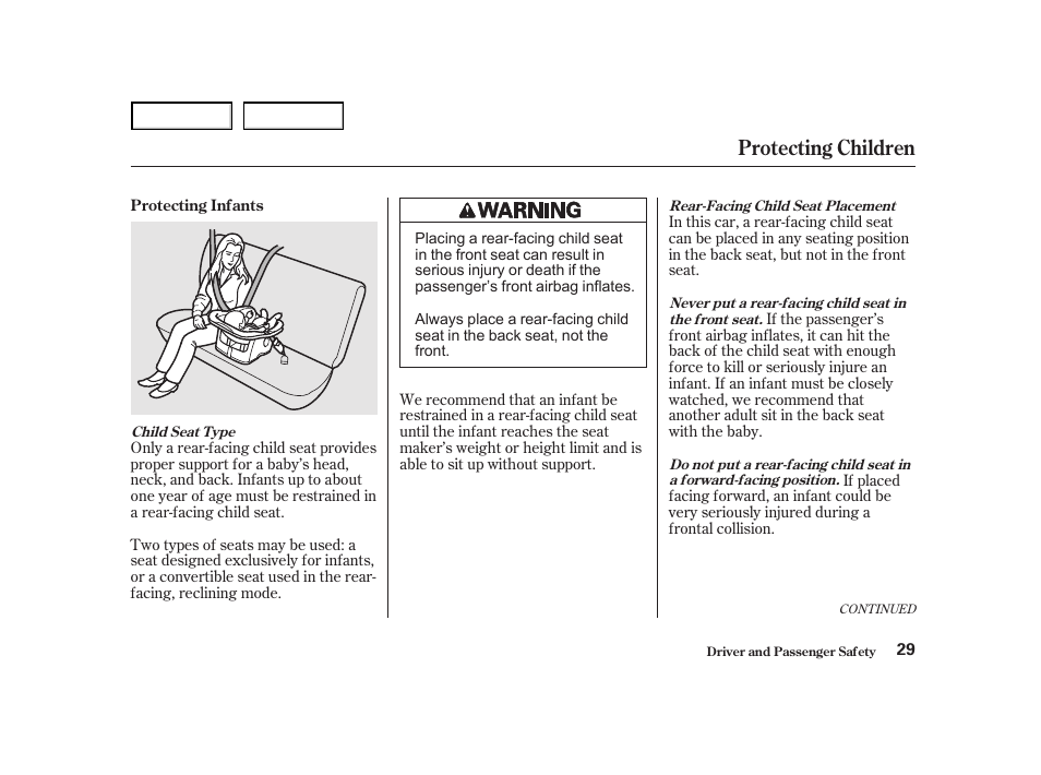 Protecting children | HONDA 2001 Accord Coupe - Owner's Manual User Manual | Page 32 / 359