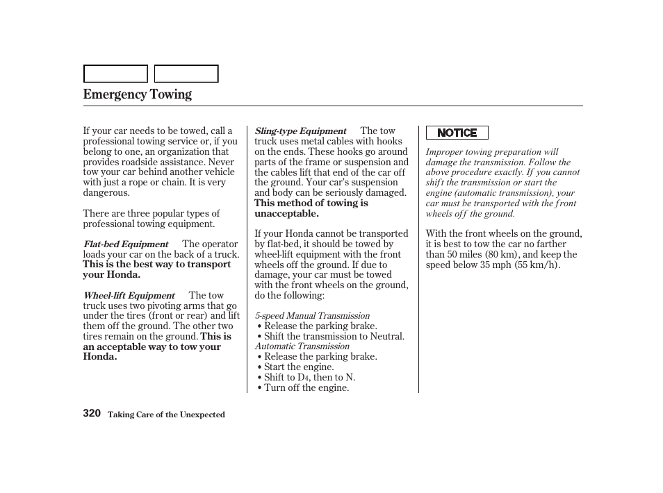 Emergency towing | HONDA 2001 Accord Coupe - Owner's Manual User Manual | Page 323 / 359