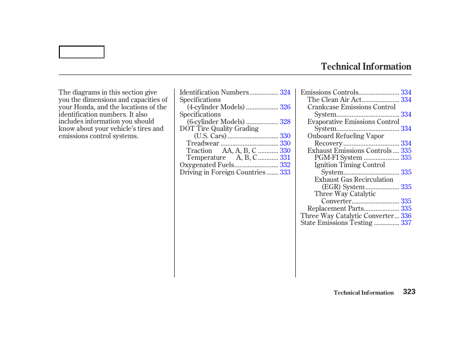 Technical information | HONDA 2001 Accord Coupe - Owner's Manual User Manual | Page 326 / 359