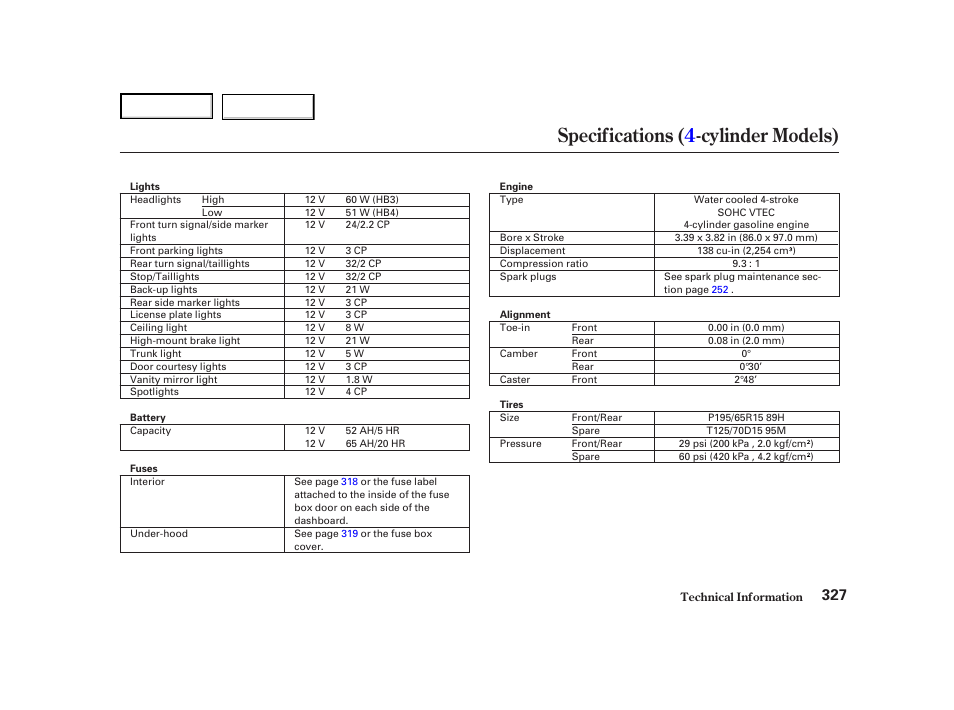 Specifications ( 4 -cy linder models) | HONDA 2001 Accord Coupe - Owner's Manual User Manual | Page 330 / 359