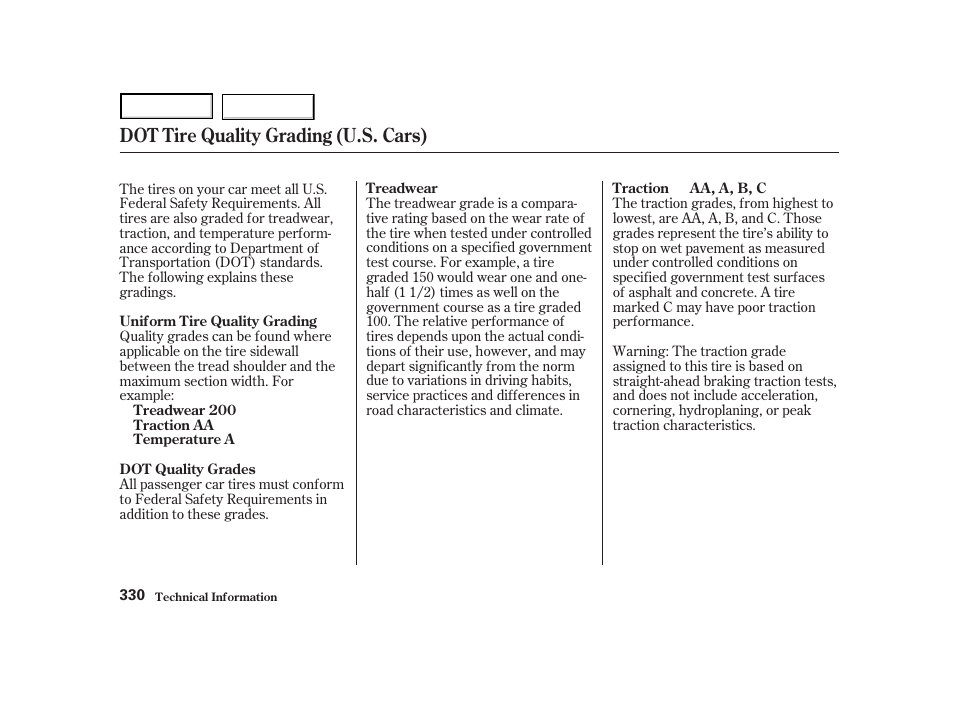 Dot tire quality grading (u.s. cars) | HONDA 2001 Accord Coupe - Owner's Manual User Manual | Page 333 / 359