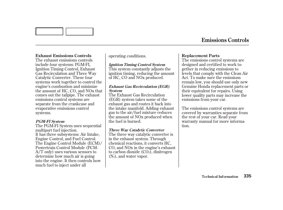 Emissions controls | HONDA 2001 Accord Coupe - Owner's Manual User Manual | Page 338 / 359