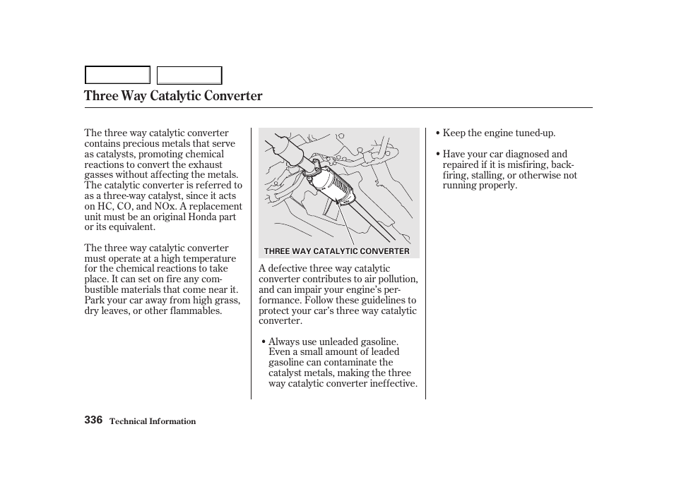 Three way catalytic converter | HONDA 2001 Accord Coupe - Owner's Manual User Manual | Page 339 / 359