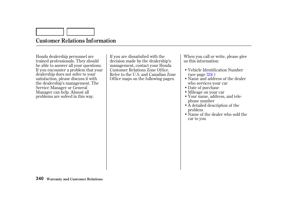 Customer relations information | HONDA 2001 Accord Coupe - Owner's Manual User Manual | Page 343 / 359