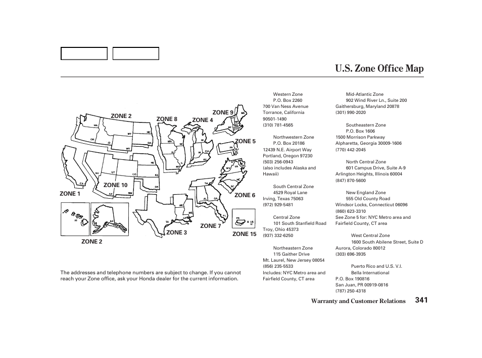 U.s. zone office map | HONDA 2001 Accord Coupe - Owner's Manual User Manual | Page 344 / 359