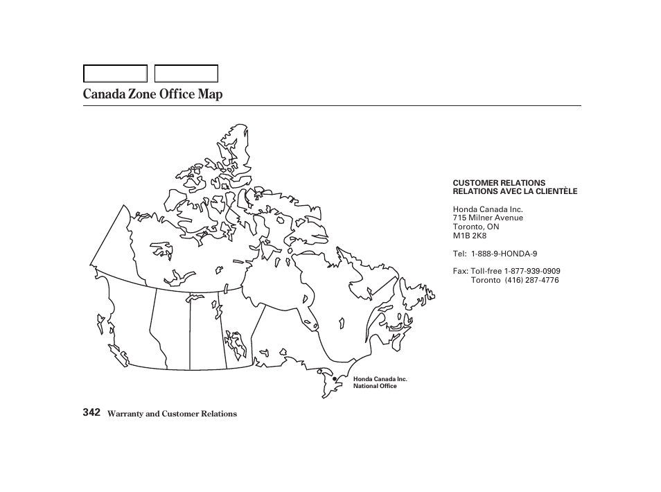 Canada zone office map | HONDA 2001 Accord Coupe - Owner's Manual User Manual | Page 345 / 359