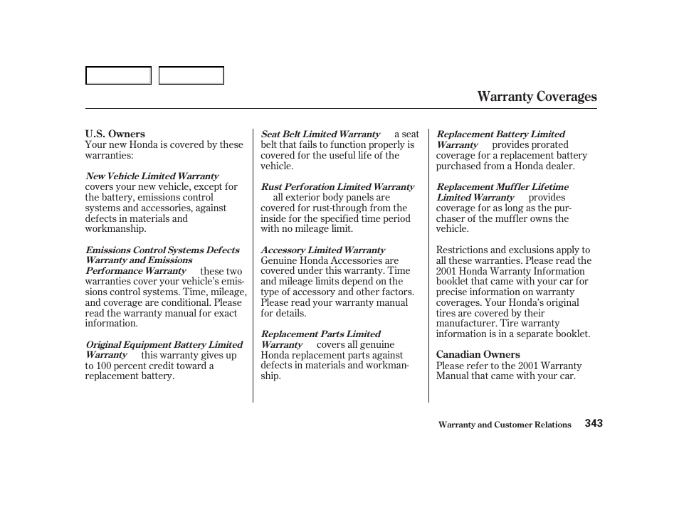 Warranty coverages | HONDA 2001 Accord Coupe - Owner's Manual User Manual | Page 346 / 359